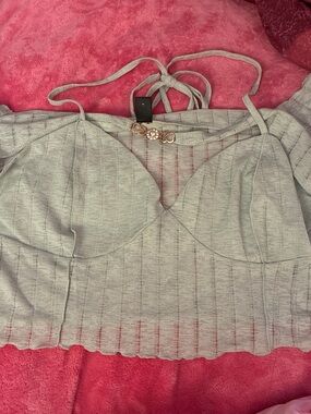 Light Green Ribbed Tie-Back Crop Top